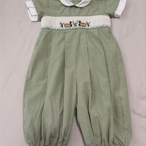 Green Gingham One Piece Romper Sz 18M with embroidery and smocking details.